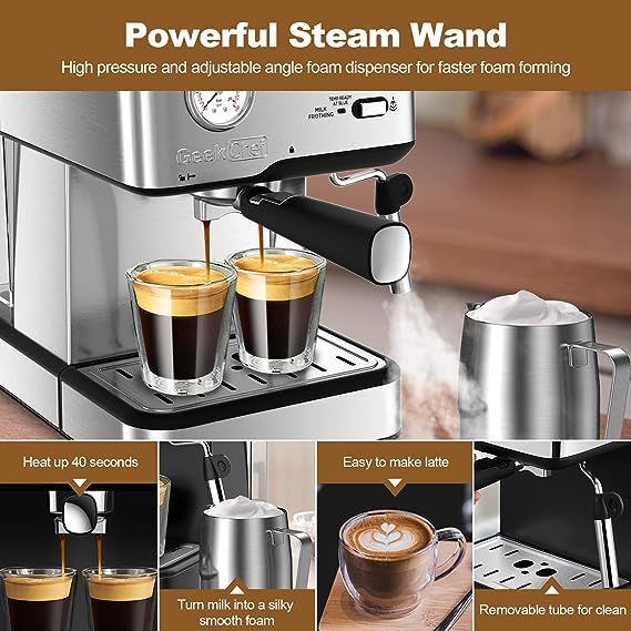 Geek Chef Espresso Machine 20 Bar Pump Pressure Cappuccino latte Maker Coffee Machine with ESE POD filter&Pressure gauge, 1.5L Water Tank, Stainless steel