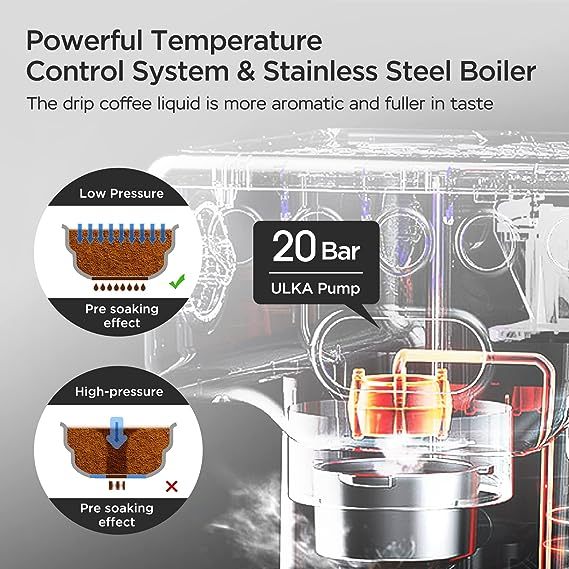 Geek Chef Espresso Machine, 20 Bar Coffee Machine, Fast Heating Automatic, Latte & Cappuccino Maker with Milk Frother Steam Wand, 1.8L Water Tank, Temperature Display, Stainless Steel