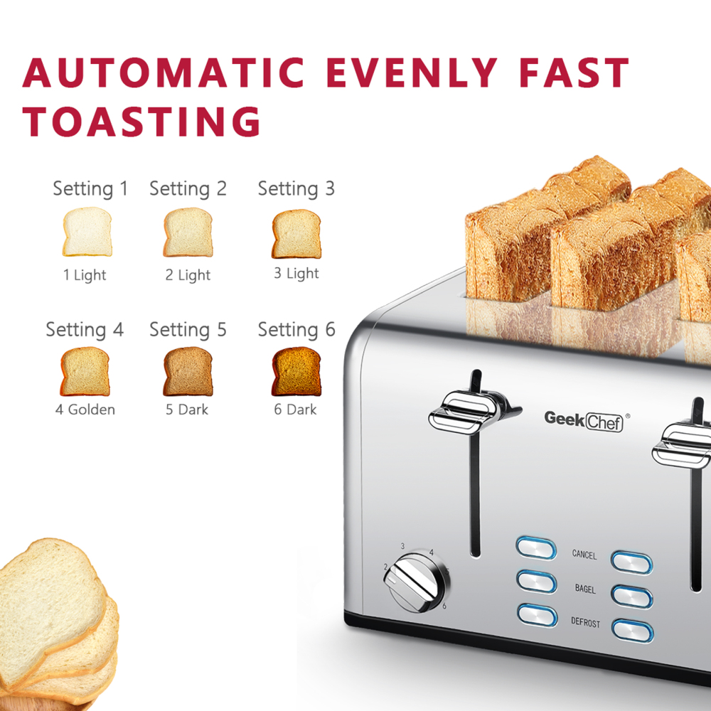 Toaster 4 Slice, Geek Chef Stainless Steel Toaster with Extra Wide Slots, 4 Slot Toaster with Bagel/Defrost/Cancel Function, Dual Control Panel of 6 Toasting Bread Shade Settings, Removable Crumb Trays, High Lift Lever, ETL