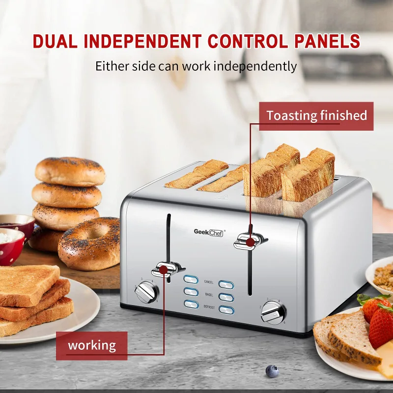 Toaster 4 Slice, Geek Chef Stainless Steel Toaster with Extra Wide Slots, 4 Slot Toaster with Bagel/Defrost/Cancel Function, Dual Control Panel of 6 Toasting Bread Shade Settings, Removable Crumb Trays, High Lift Lever, ETL