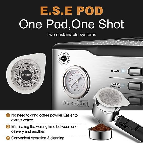 Geek Chef Espresso Machine 20 Bar Pump Pressure Cappuccino latte Maker Coffee Machine with ESE POD filter&Pressure gauge, 1.5L Water Tank, Stainless steel