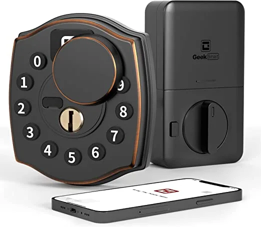 Smart Door Lock, Geek 4-in-1 IP65 Waterproof Anti-Fog Keyless Entry Deadbolt Door Locks with Keypad Remote Control with APP, IC Card, Mechanical Key Low Temperature Start Front Door External Lock