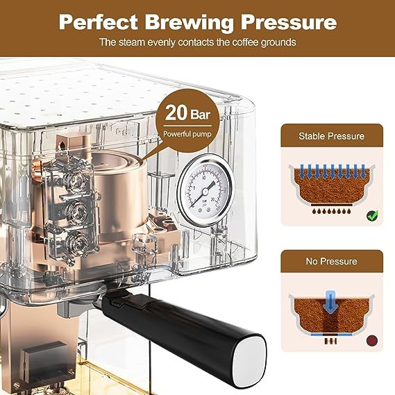 Geek Chef Espresso Machine 20 Bar Pump Pressure Cappuccino latte Maker Coffee Machine with ESE POD filter&Pressure gauge, 1.5L Water Tank, Stainless steel