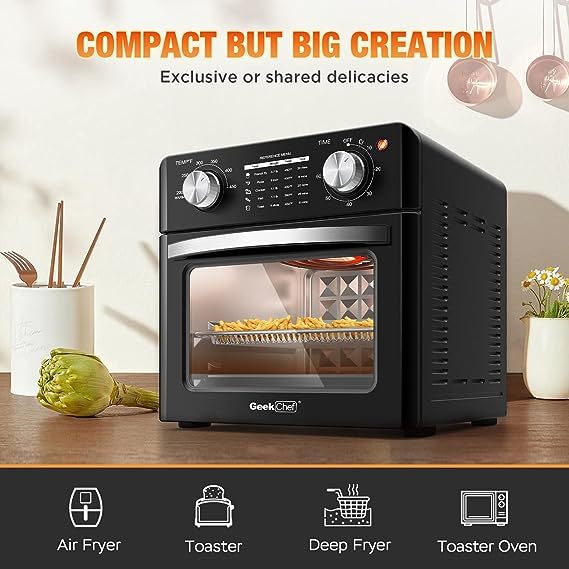 Geek Chef Air Fryer Toaster Oven Combo, 2 Slice Toaster Convection Air Fryer Oven Warm, Broil, Toast, Bake, Air Fry, Oil-Free, Accessories Included
