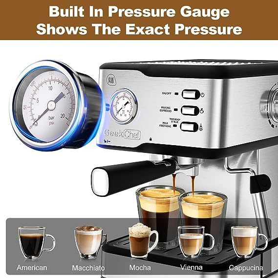 Geek Chef Espresso Machine 20 Bar Pump Pressure Cappuccino latte Maker Coffee Machine with ESE POD filter&Pressure gauge, 1.5L Water Tank, Stainless steel