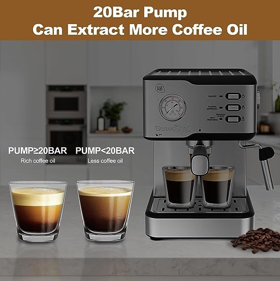 Geek Chef Espresso Machine 20 Bar Pump Pressure Cappuccino latte Maker Coffee Machine with ESE POD filter&Pressure gauge, 1.5L Water Tank, Stainless steel