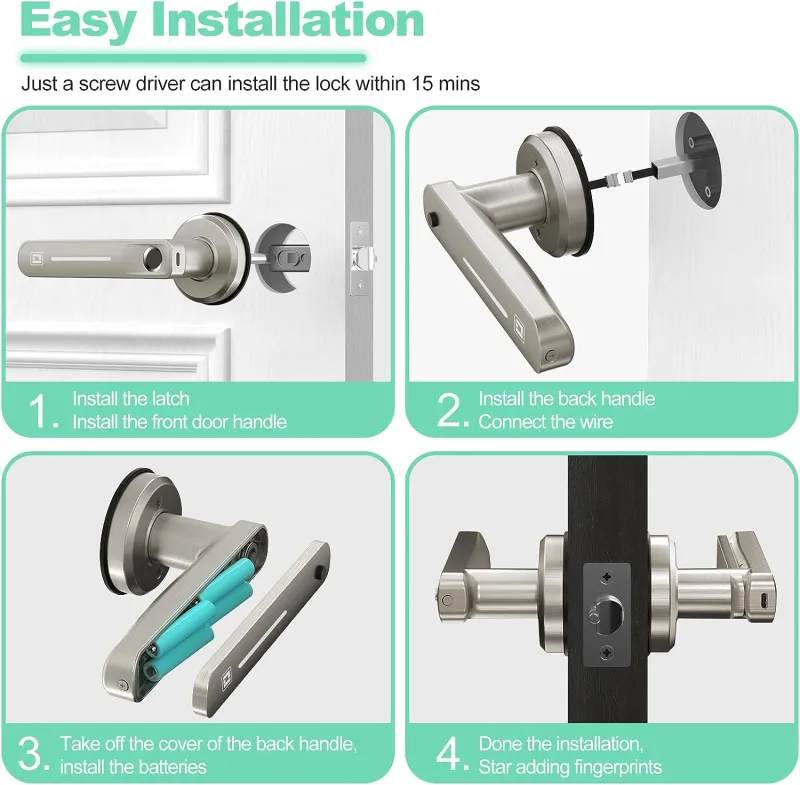 GeekTale Fingerprint Door Lock, Biometric Door Lock Keyless Entry Door Locks with Handle, Smart Door Handle Fingerprint Door Knob for Bedroom,Office,Apartments,Hotels