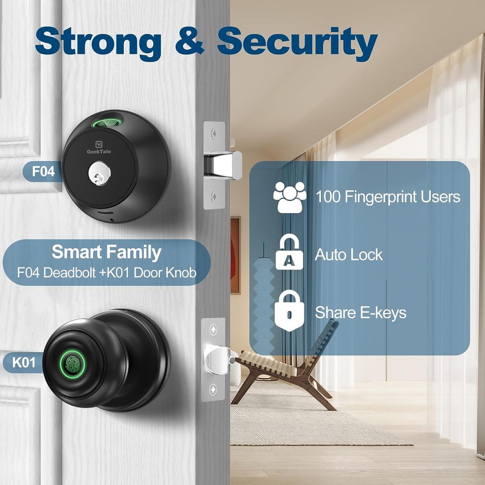 GeekTale Fingerprint Door Lock Set, Keyless Entry Door Lock with Smart Knob, Fingerprint Door Knob with Smart Deadbolt, Smart Locks with App Control for Front Door