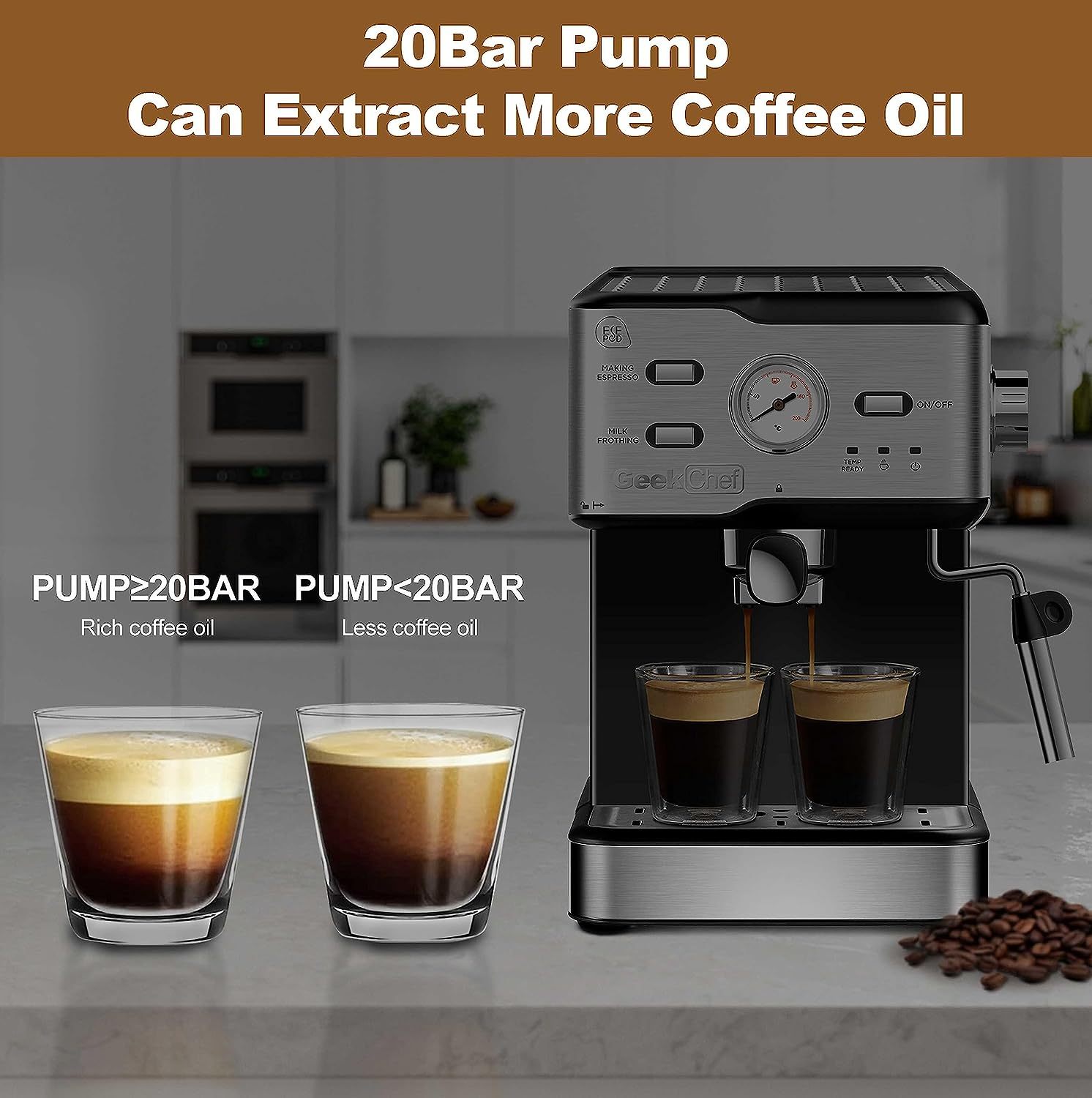 Geek Chef Espresso Machine 20 Bar Pump Pressure GCF20BT 	ESE POD
