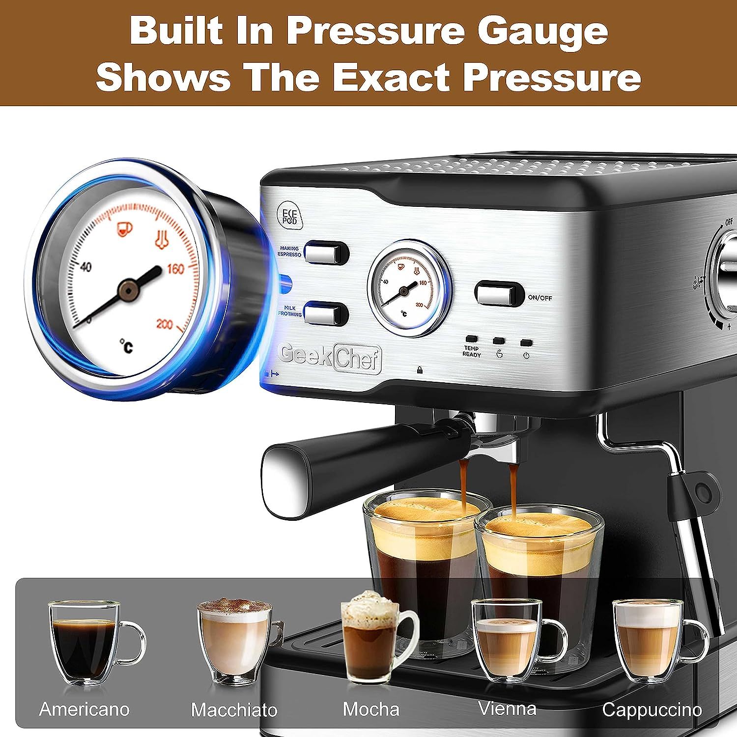 Geek Chef Espresso Machine 20 Bar Pump Pressure GCF20BT 	ESE POD