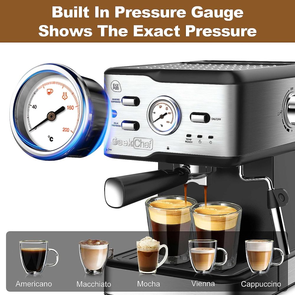 Geek Chef Espresso Machine 20 Bar Pump Pressure GCF20BT 	ESE POD