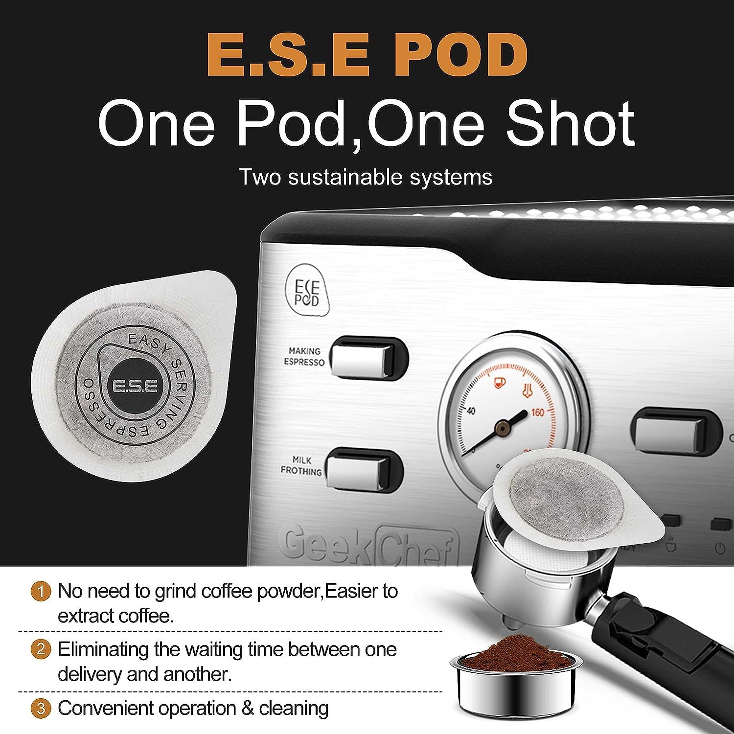 Geek Chef Espresso Machine 20 Bar Pump Pressure GCF20BT 	ESE POD