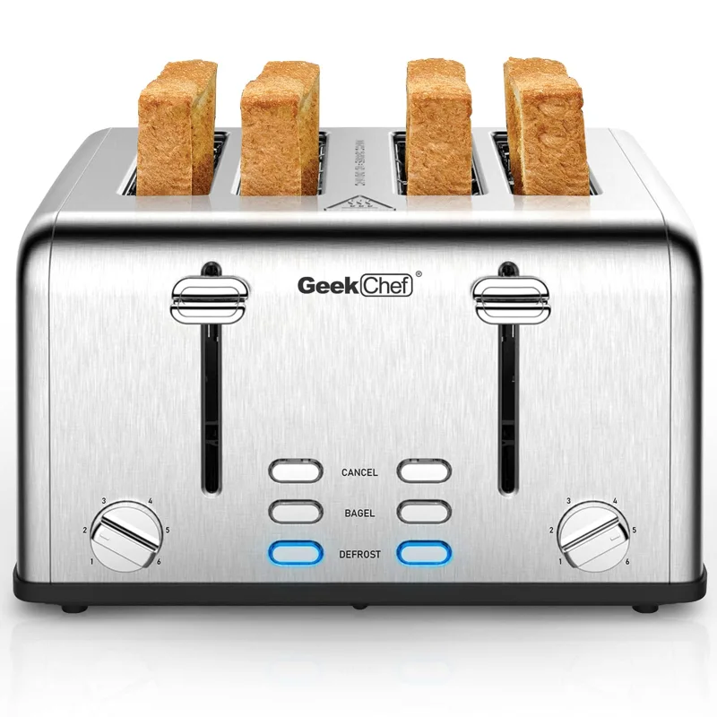 Toaster 4 Slice, Geek Chef Stainless Steel Toaster with Extra Wide Slots GTS4B-1