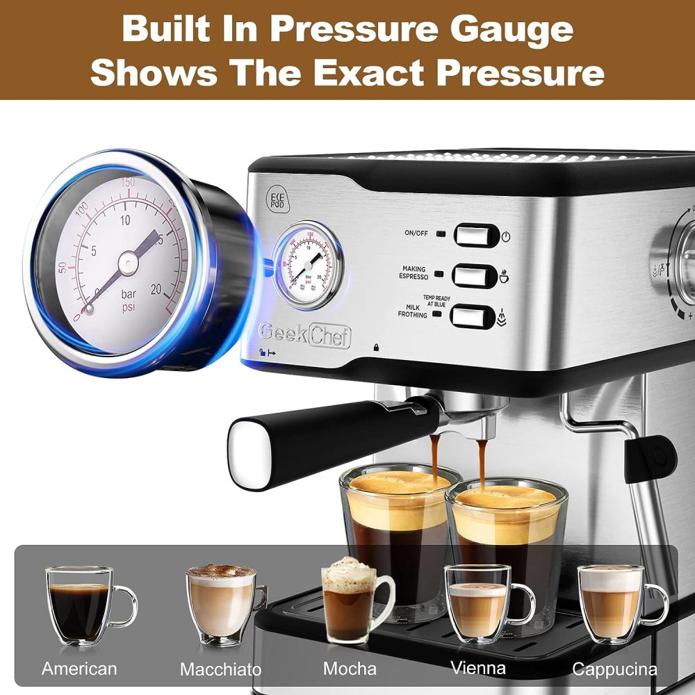 Geek Chef Espresso Machine Coffee Machine GCF20BP and Coffee Grinder for Beans