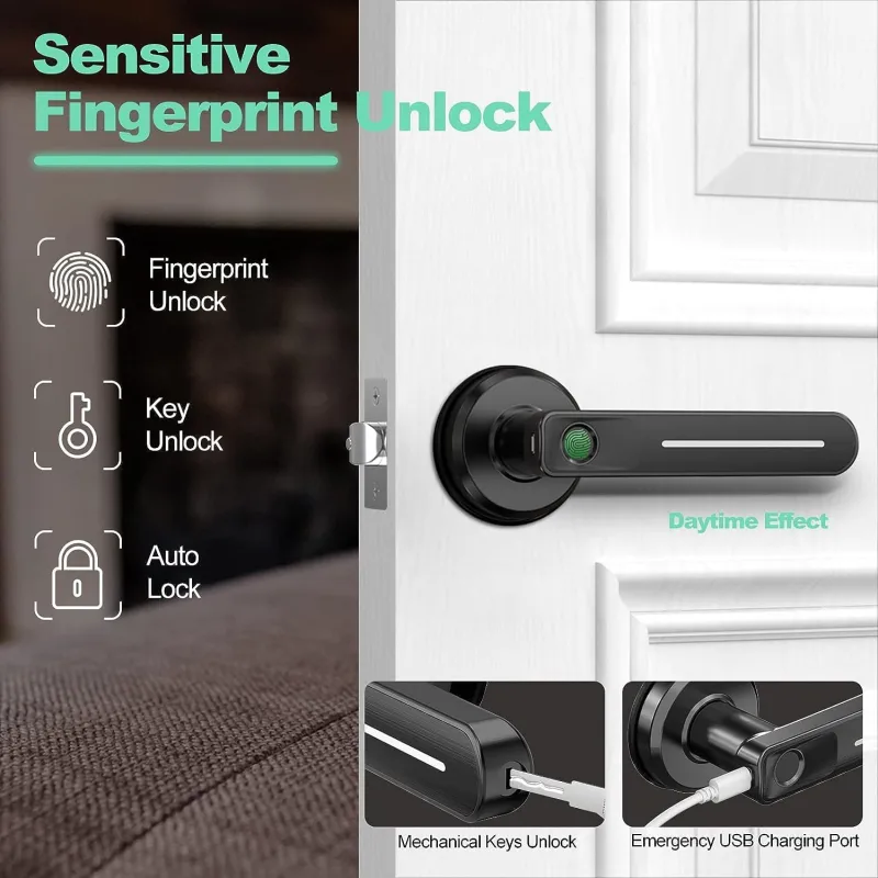 GeekTale Smart Door Handle Fingerprint Door Lock Matte Black