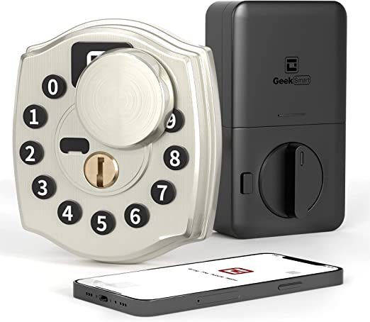 Smart Door Lock, Geek 4-in-1 IP65 Waterproof Anti-Fog Keyless Entry Deadbolt Door Locks with Keypad Remote Control with APP, IC Card, Mechanical Key Low Temperature Start Front Door External Lock