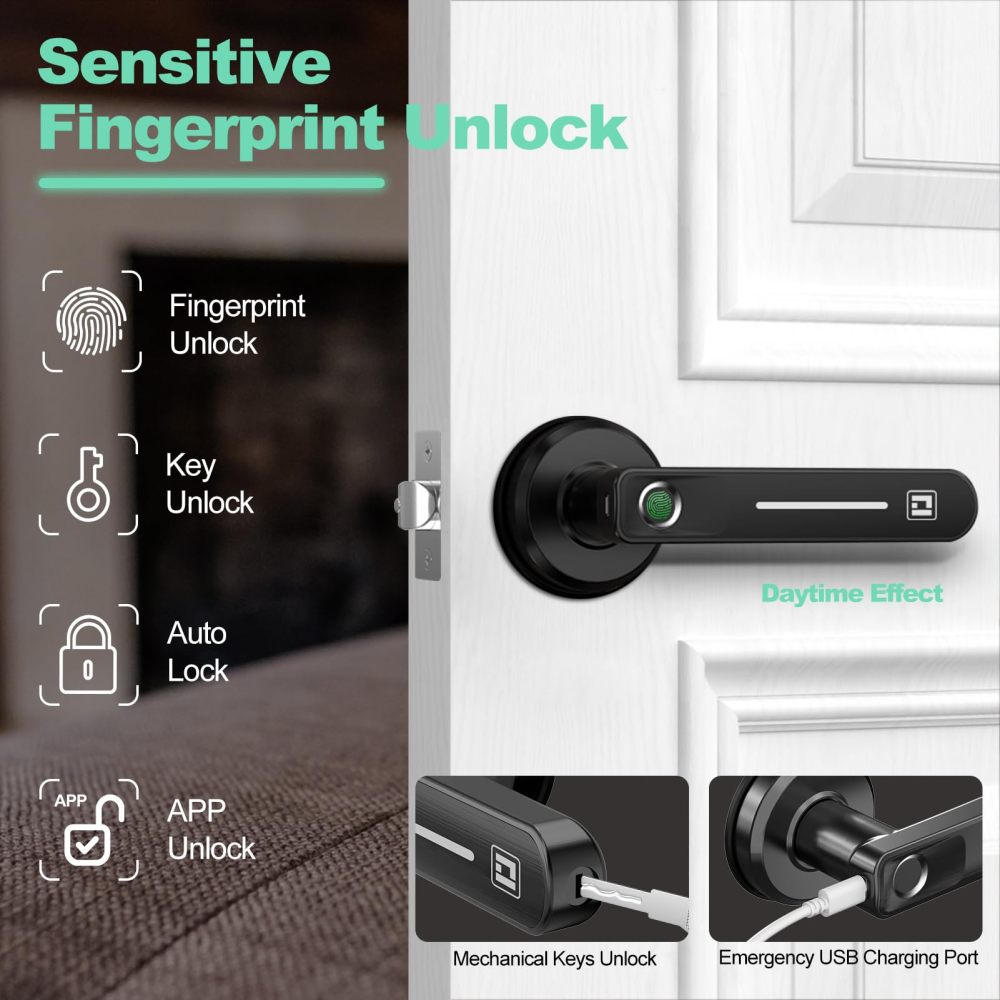 GeekTale Fingerprint Door Lock, Biometric Door Lock Keyless Entry Door Locks with Handle, Smart Door Handle Fingerprint Door Knob for Bedroom,Office,Apartments,Hotels
