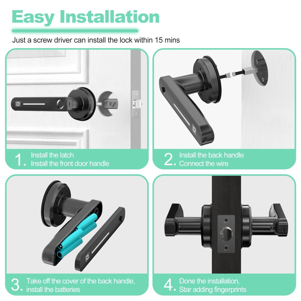 GeekTale Fingerprint Door Lock, Biometric Door Lock Keyless Entry Door Locks with Handle, Smart Door Handle Fingerprint Door Knob for Bedroom,Office,Apartments,Hotels