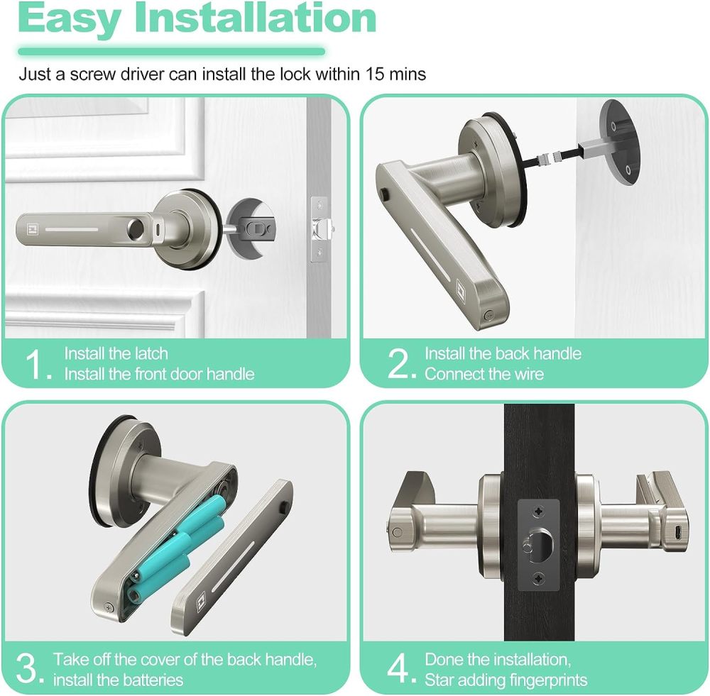 GeekTale Fingerprint Door Lock, Biometric Door Lock Keyless Entry Door Locks with Handle, Smart Door Handle Fingerprint Door Knob for Bedroom,Office,Apartments,Hotels