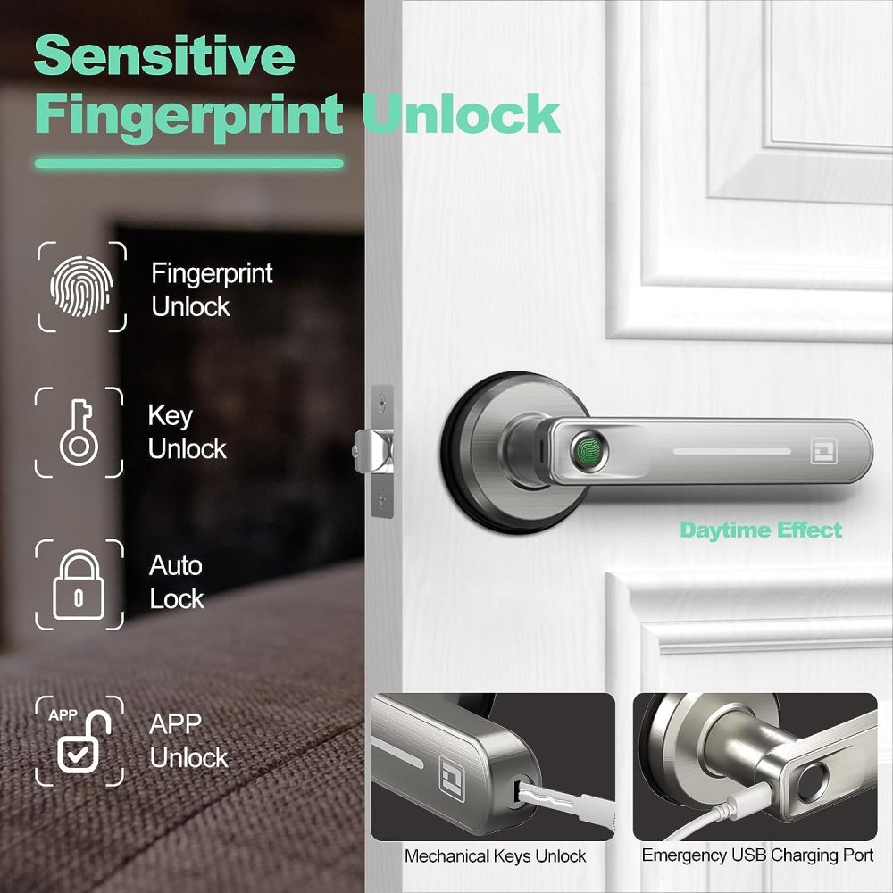 GeekTale Fingerprint Door Lock, Biometric Door Lock Keyless Entry Door Locks with Handle, Smart Door Handle Fingerprint Door Knob for Bedroom,Office,Apartments,Hotels