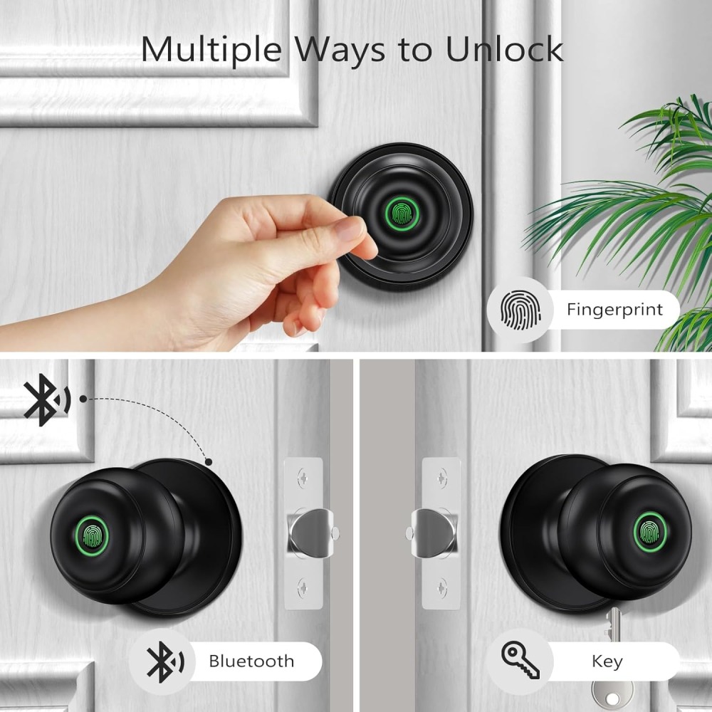 GeekTale Fingerprint Door Lock for Bedrooms, Fingerprint Door Knob with Lock, Smart Door Knob Biometric Door Knob, App Control, Back-up Keys, Thumbprint Door Knob for Bedrooms, Office, Apartment