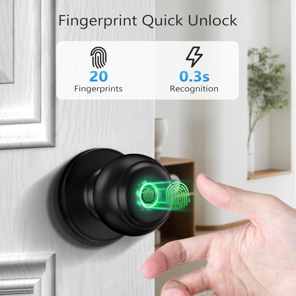 GeekTale Fingerprint Door Lock for Bedrooms, Fingerprint Door Knob with Lock, Smart Door Knob Biometric Door Knob, App Control, Back-up Keys, Thumbprint Door Knob for Bedrooms, Office, Apartment