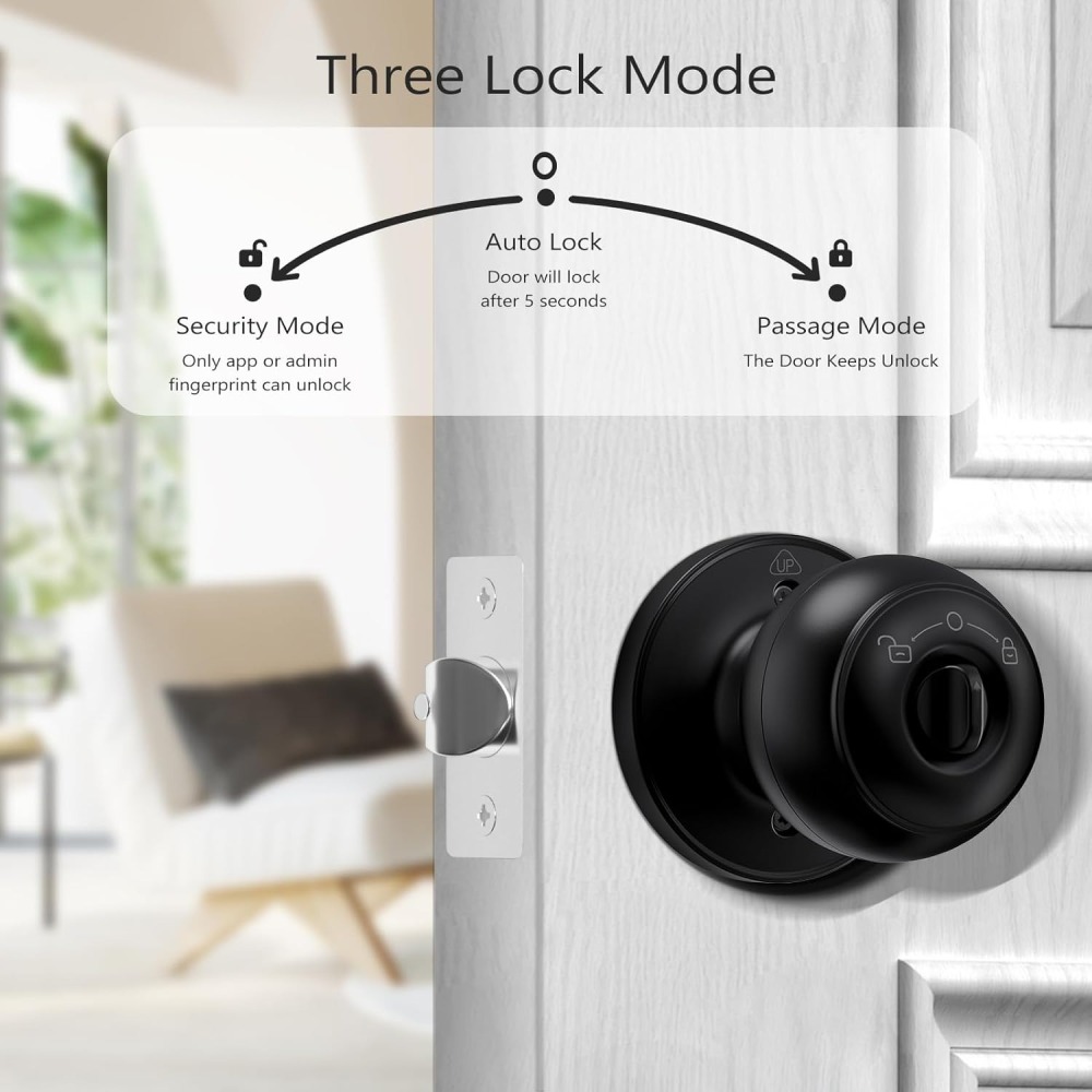 GeekTale Fingerprint Door Lock for Bedrooms, Fingerprint Door Knob with Lock, Smart Door Knob Biometric Door Knob, App Control, Back-up Keys, Thumbprint Door Knob for Bedrooms, Office, Apartment