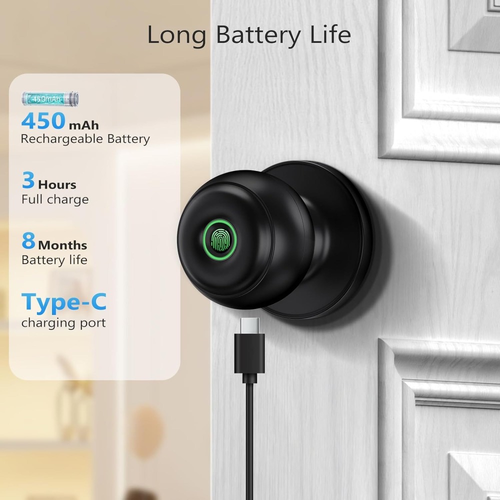 GeekTale Fingerprint Door Lock for Bedrooms, Fingerprint Door Knob with Lock, Smart Door Knob Biometric Door Knob, App Control, Back-up Keys, Thumbprint Door Knob for Bedrooms, Office, Apartment