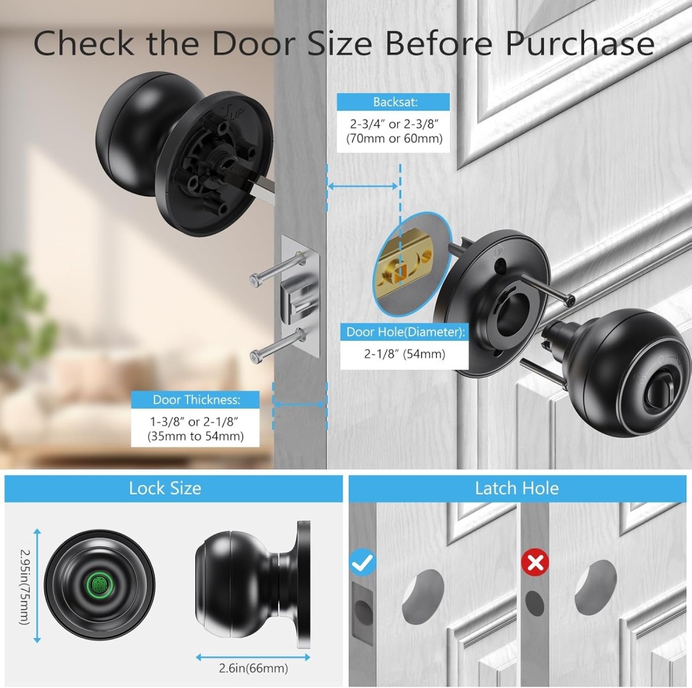 GeekTale Fingerprint Door Lock for Bedrooms, Fingerprint Door Knob with Lock, Smart Door Knob Biometric Door Knob, App Control, Back-up Keys, Thumbprint Door Knob for Bedrooms, Office, Apartment