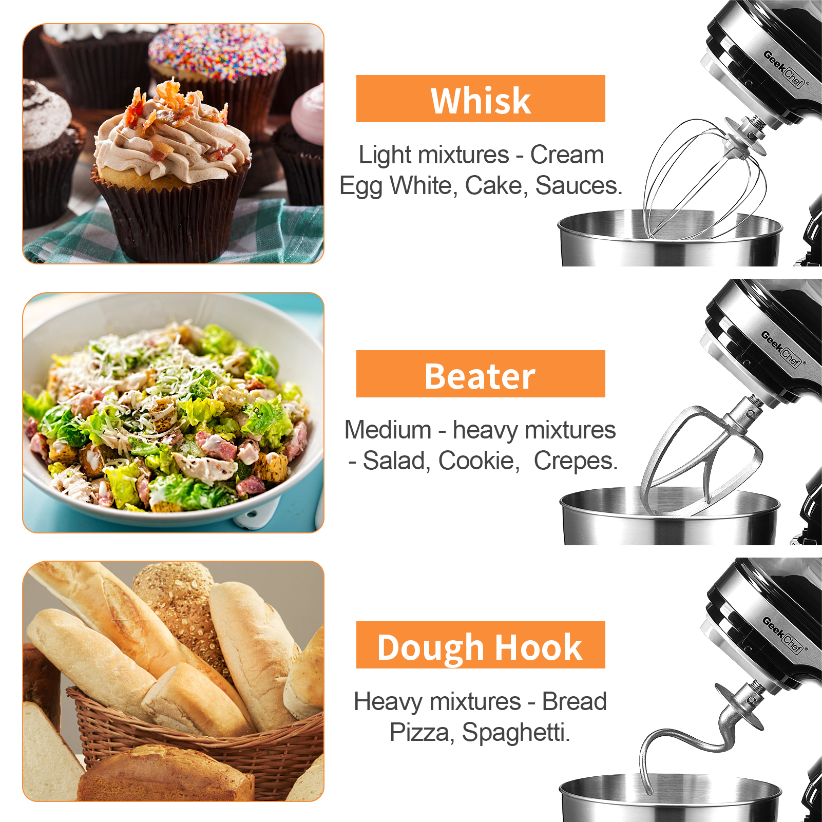 Geek Chef Electric 4.8QT Stand Mixer, 12 Speeds Tilt-head Food Mixer with Dough Hook, Whisk, Beater, Bowl, Rotary Knob for Home Kitchen