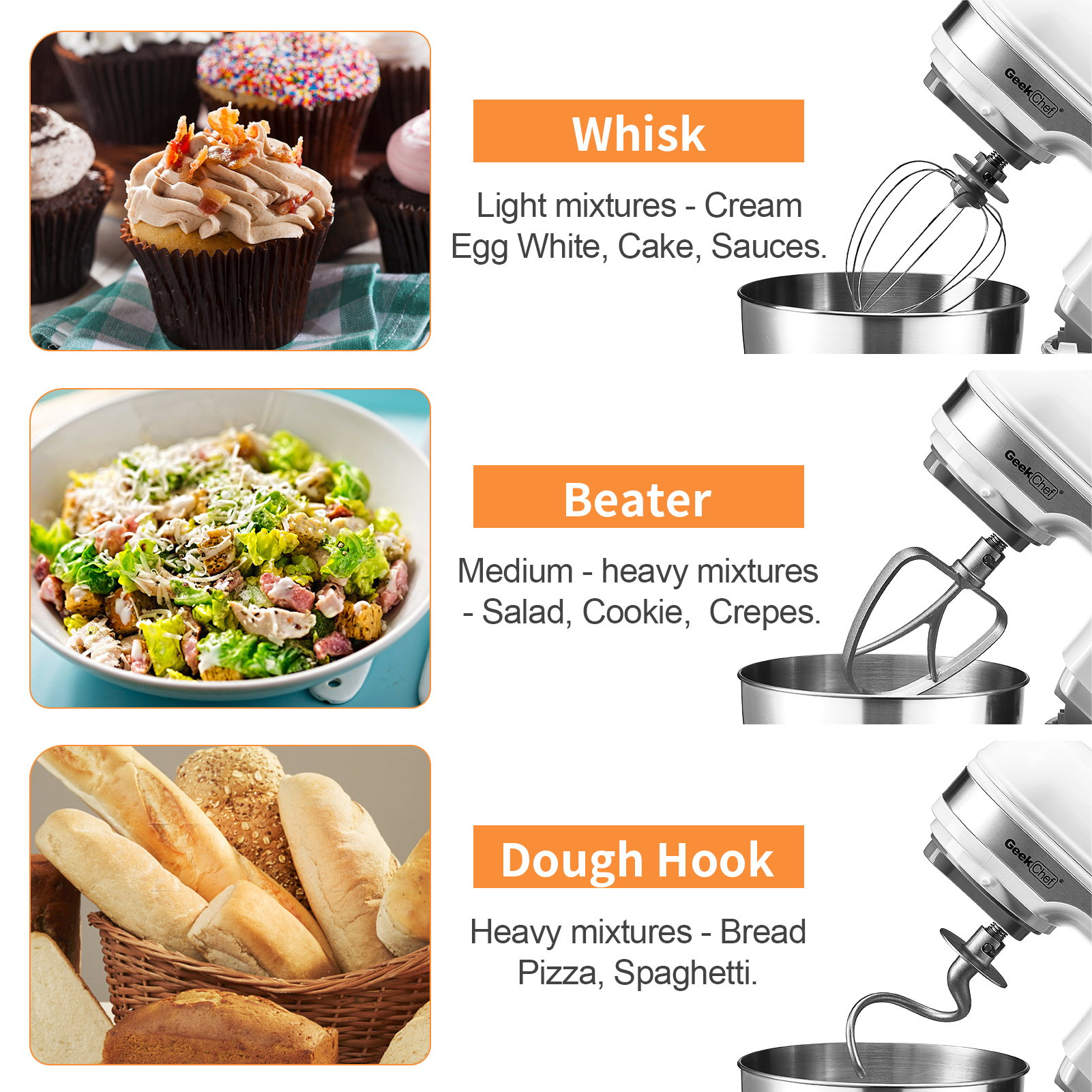 Geek Chef Electric 4.8QT Stand Mixer, 12 Speeds Tilt-head Food Mixer with Dough Hook, Whisk, Beater, Bowl, Rotary Knob for Home Kitchen