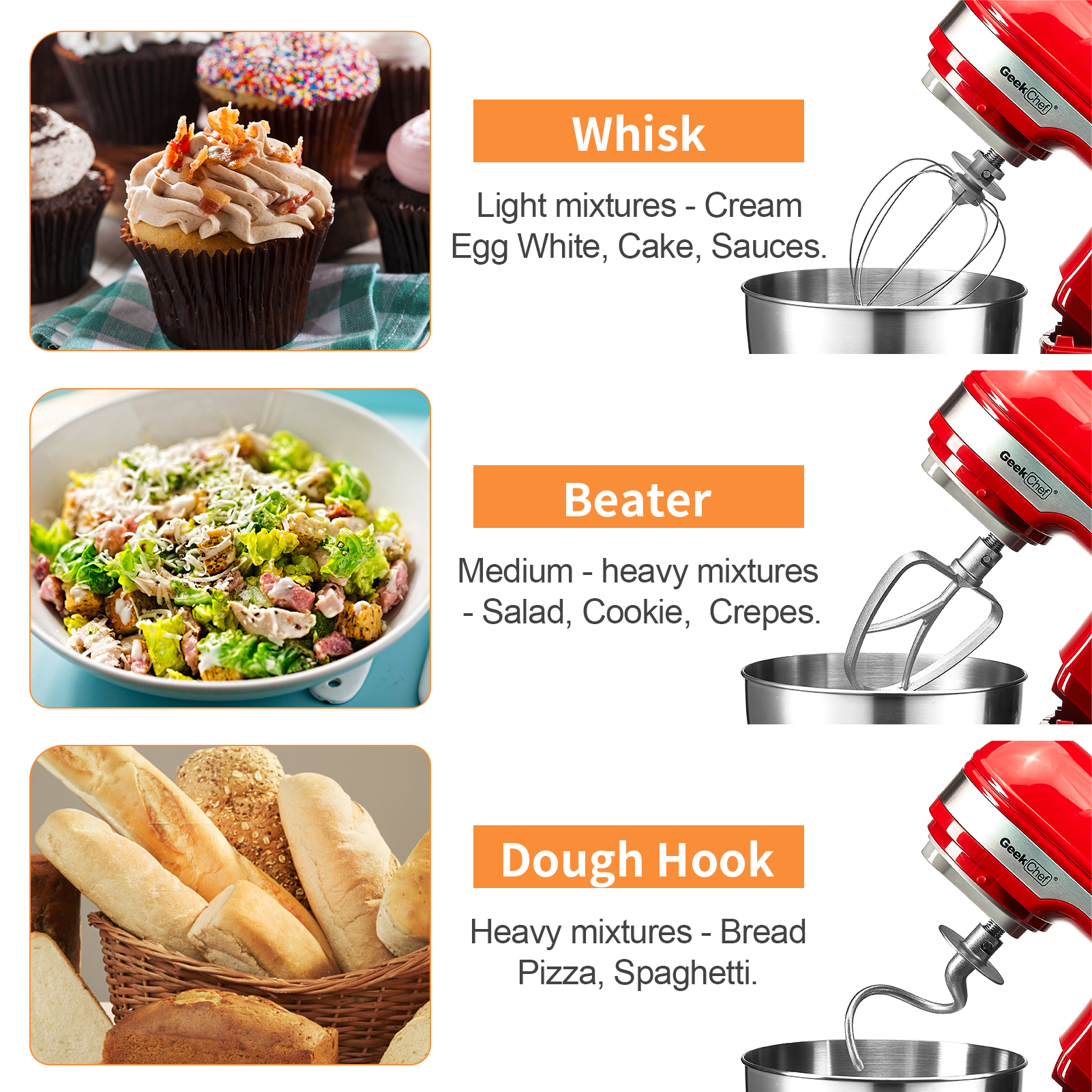 Geek Chef Electric 4.8QT Stand Mixer, 12 Speeds Tilt-head Food Mixer with Dough Hook, Whisk, Beater, Bowl, Rotary Knob for Home Kitchen