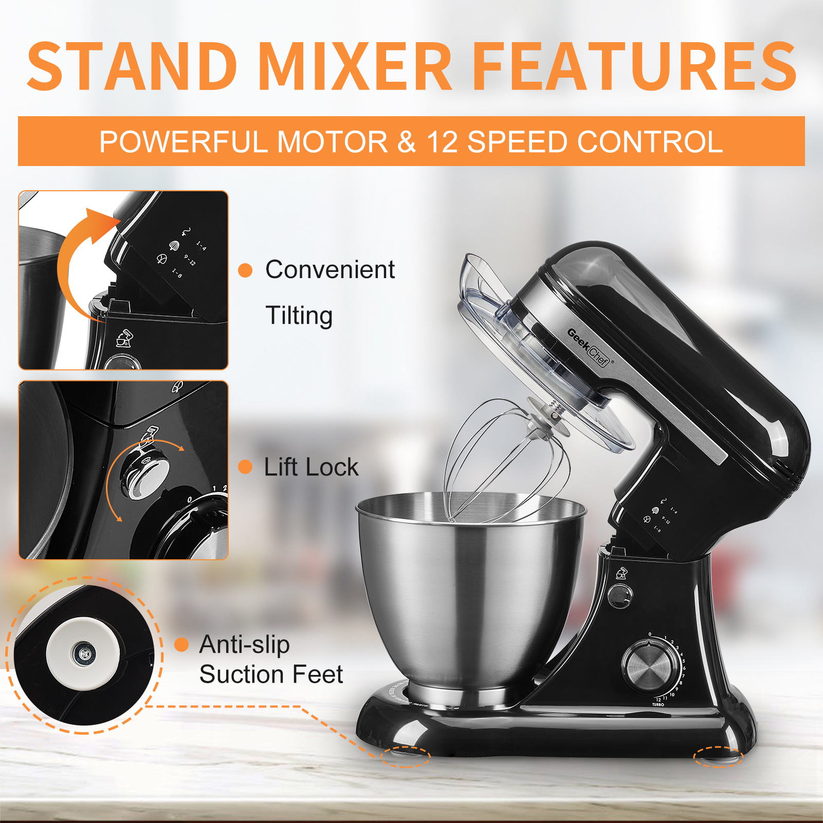Geek Chef Electric 4.8QT Stand Mixer, 12 Speeds Tilt-head Food Mixer with Dough Hook, Whisk, Beater, Bowl, Rotary Knob for Home Kitchen