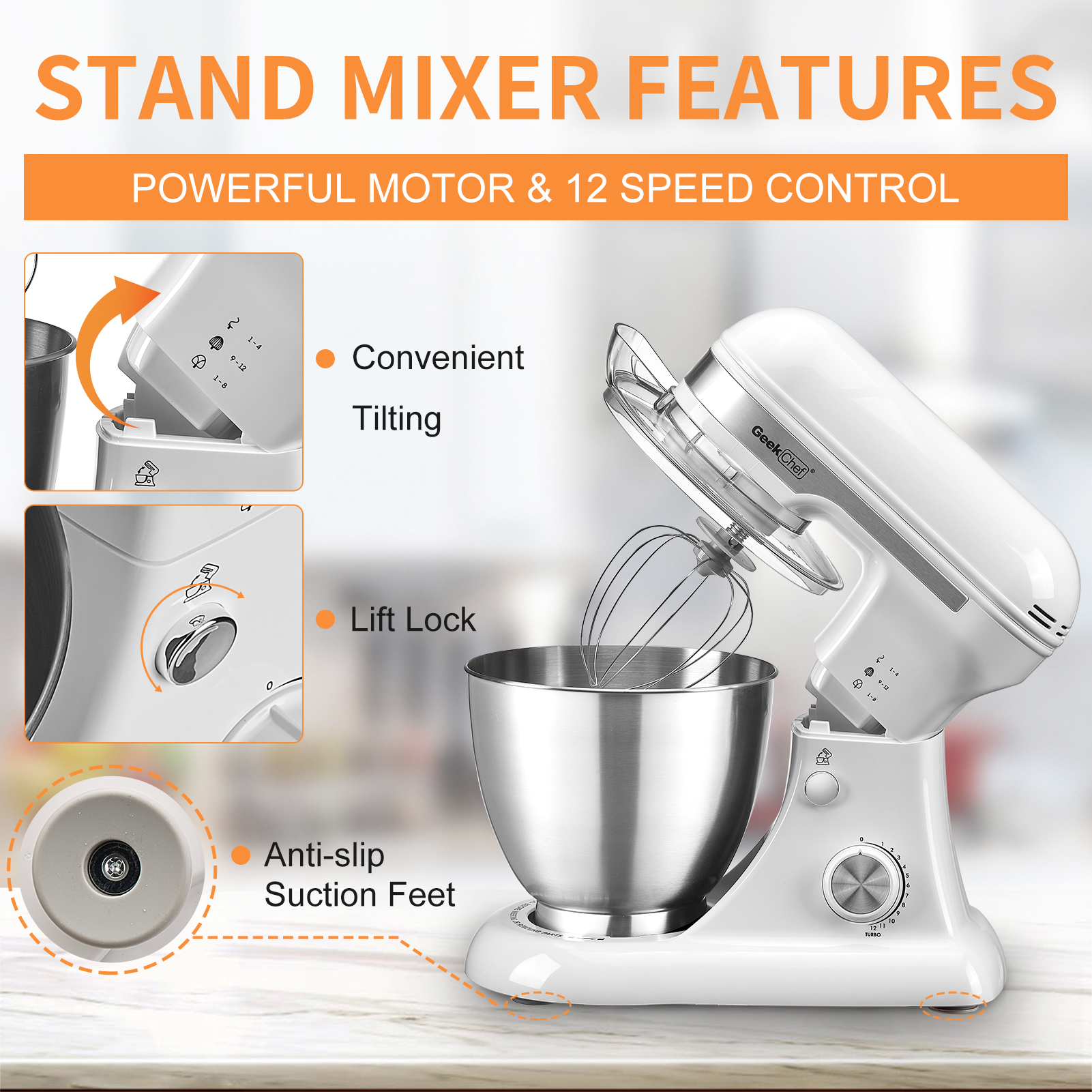 Geek Chef Electric 4.8QT Stand Mixer, 12 Speeds Tilt-head Food Mixer with Dough Hook, Whisk, Beater, Bowl, Rotary Knob for Home Kitchen