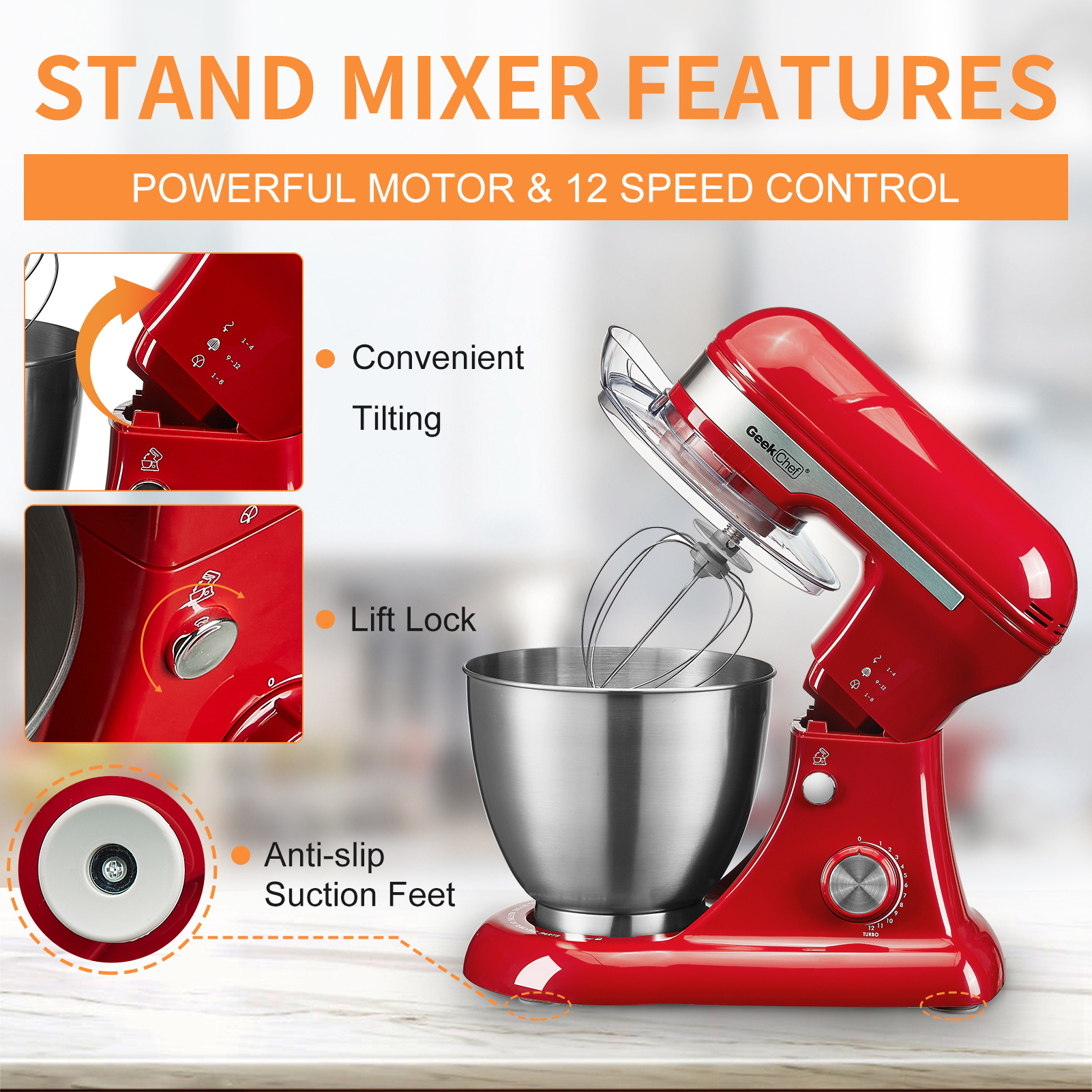 Geek Chef Electric 4.8QT Stand Mixer, 12 Speeds Tilt-head Food Mixer with Dough Hook, Whisk, Beater, Bowl, Rotary Knob for Home Kitchen