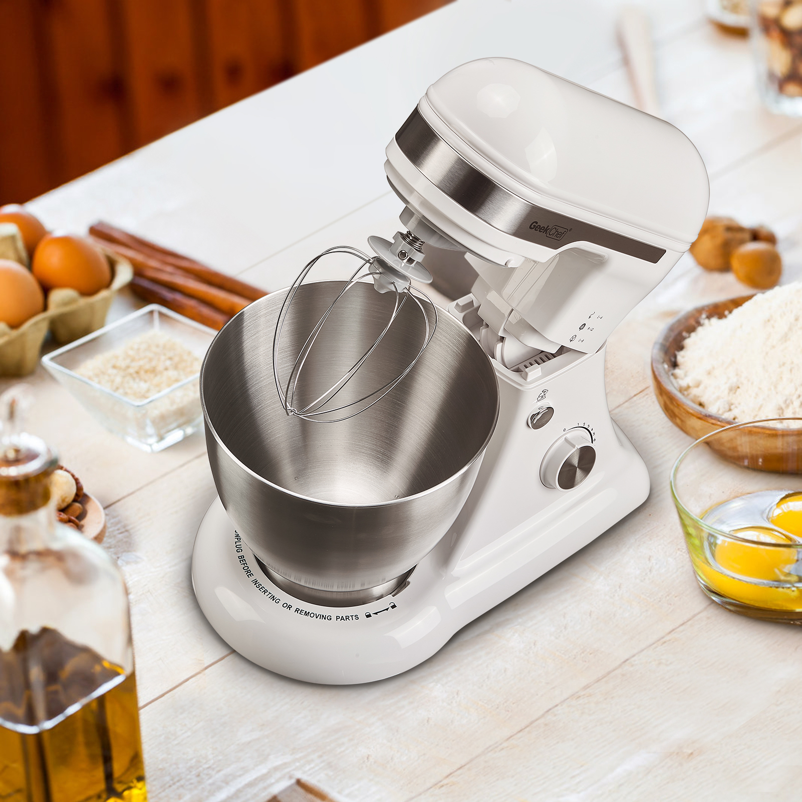 Geek Chef Electric 4.8QT Stand Mixer, 12 Speeds Tilt-head Food Mixer with Dough Hook, Whisk, Beater, Bowl, Rotary Knob for Home Kitchen