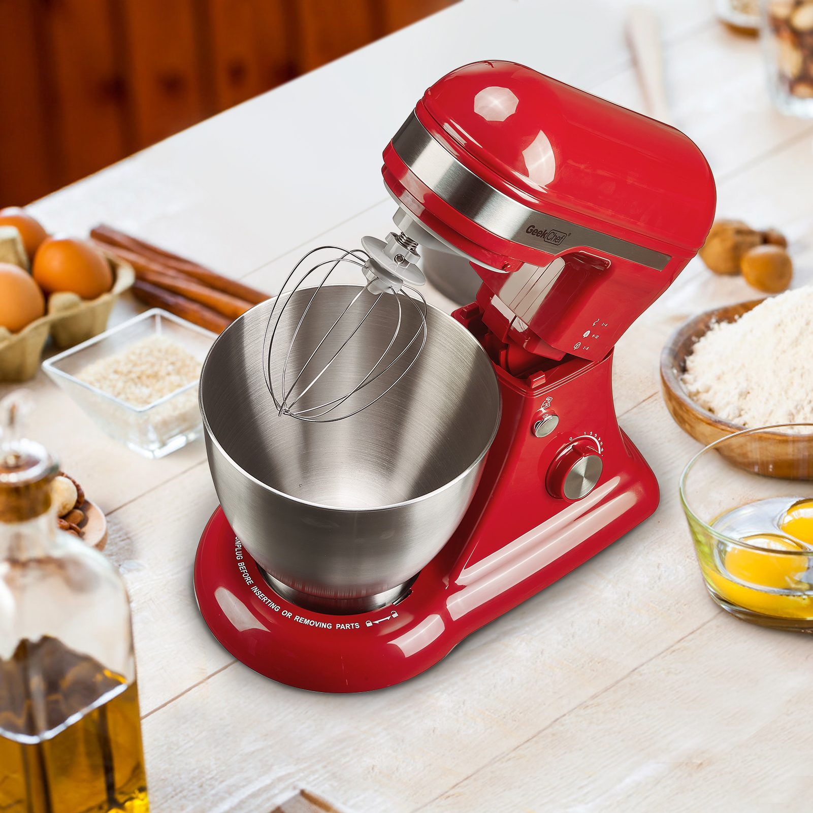 Geek Chef Electric 4.8QT Stand Mixer, 12 Speeds Tilt-head Food Mixer with Dough Hook, Whisk, Beater, Bowl, Rotary Knob for Home Kitchen