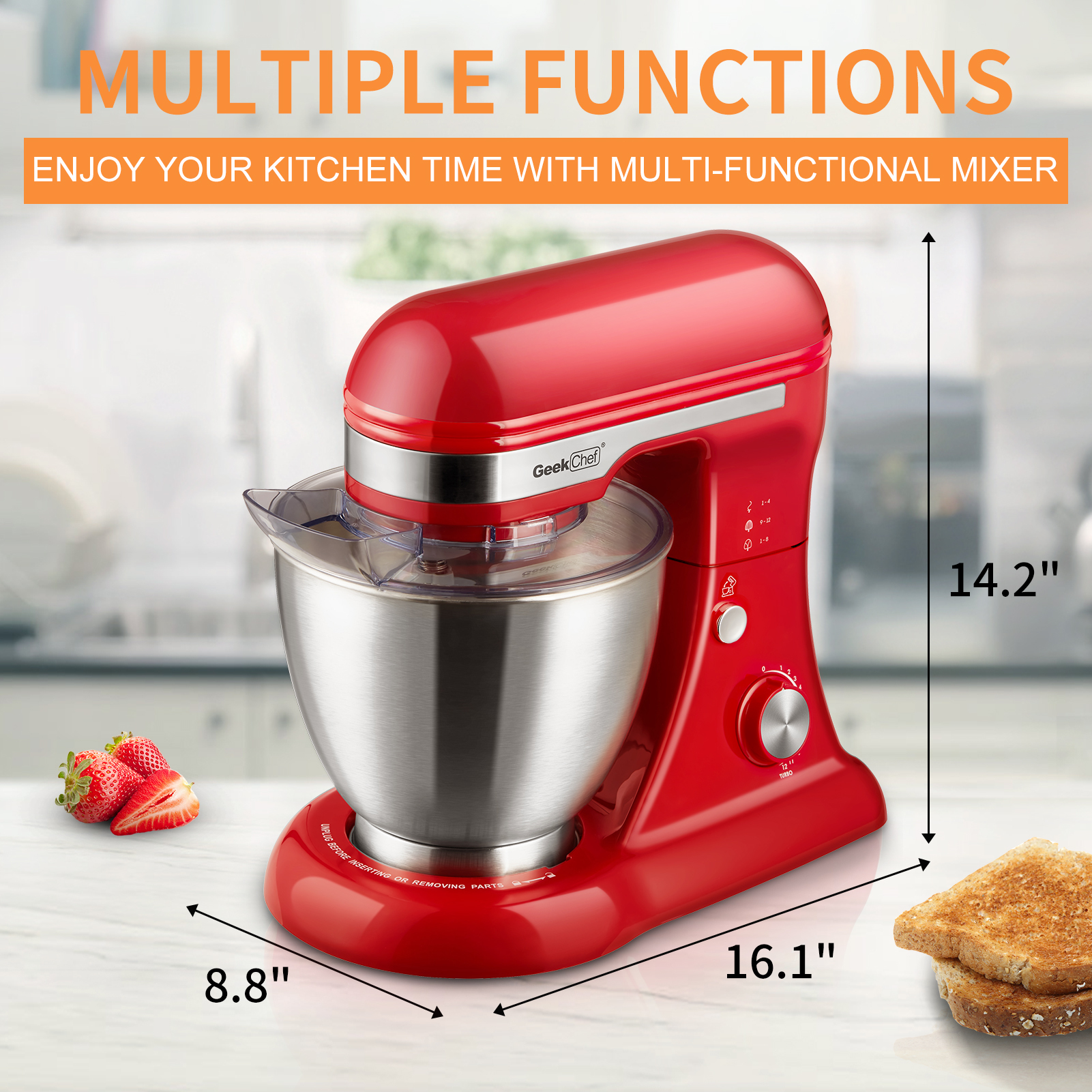 Geek Chef Electric 4.8QT Stand Mixer, 12 Speeds Tilt-head Food Mixer with Dough Hook, Whisk, Beater, Bowl, Rotary Knob for Home Kitchen
