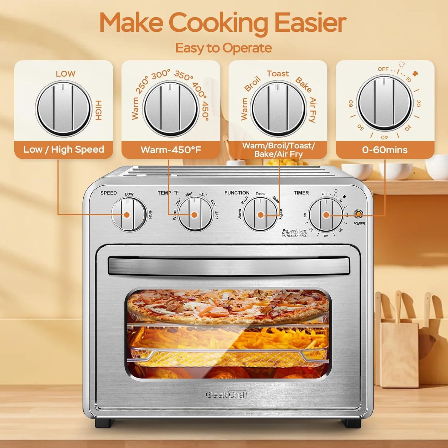 Geek Chef Air Fryer, 16QT Air Fryer Toaster Oven Combo Stainless Steel GTO16