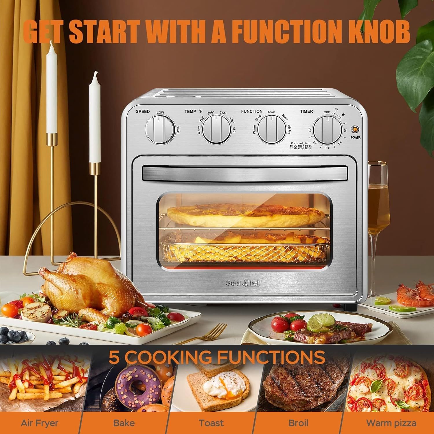 Geek Chef Air Fryer, 16QT Air Fryer Toaster Oven Combo Stainless Steel GTO16