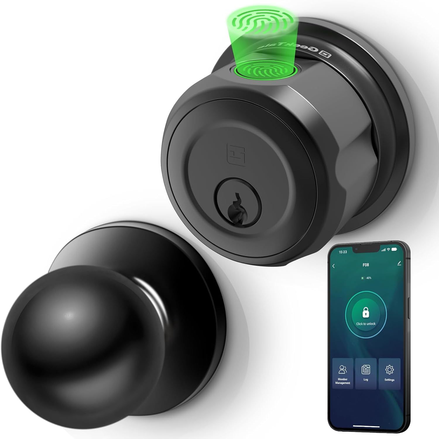 GeekTale Fingerprint Deadbolt with Passage Door Knob, Smart Access, Clean Design, Complete Entry Control, F08-B+MKB