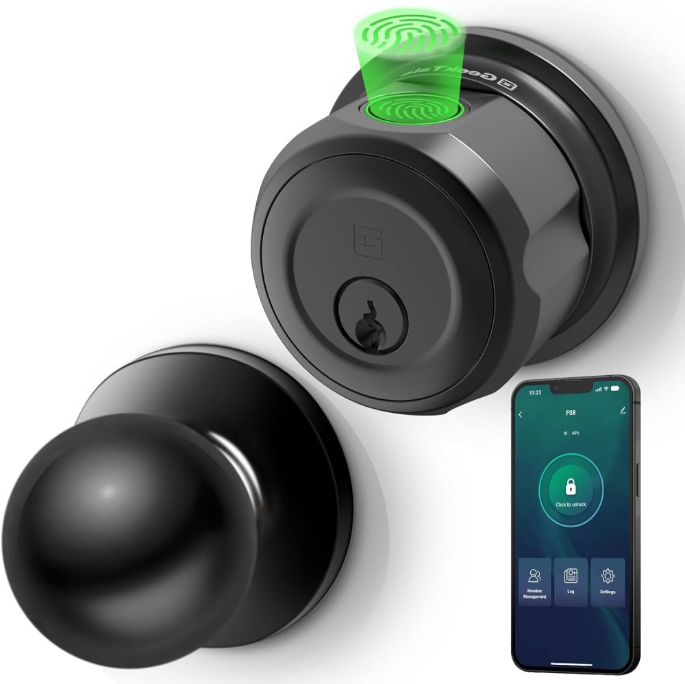 GeekTale Fingerprint Deadbolt with Passage Door Knob, Smart Access, Clean Design, Complete Entry Control, F08-B+MKB