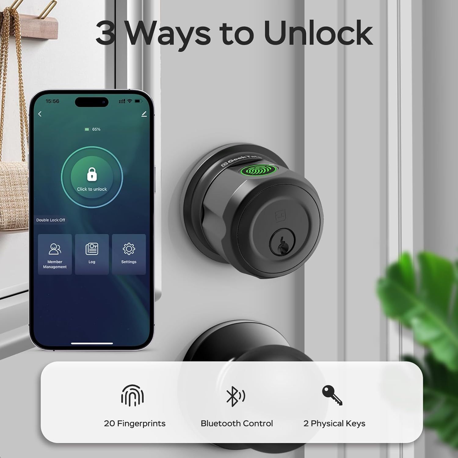 GeekTale Fingerprint Deadbolt with Passage Door Knob, Smart Access, Clean Design, Complete Entry Control, F08-B+MKB