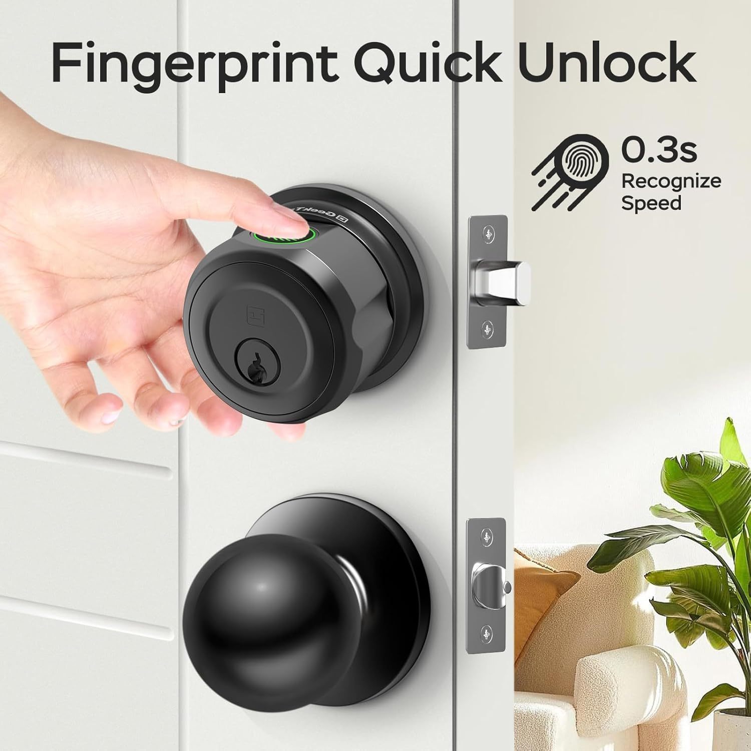 GeekTale Fingerprint Deadbolt with Passage Door Knob, Smart Access, Clean Design, Complete Entry Control, F08-B+MKB