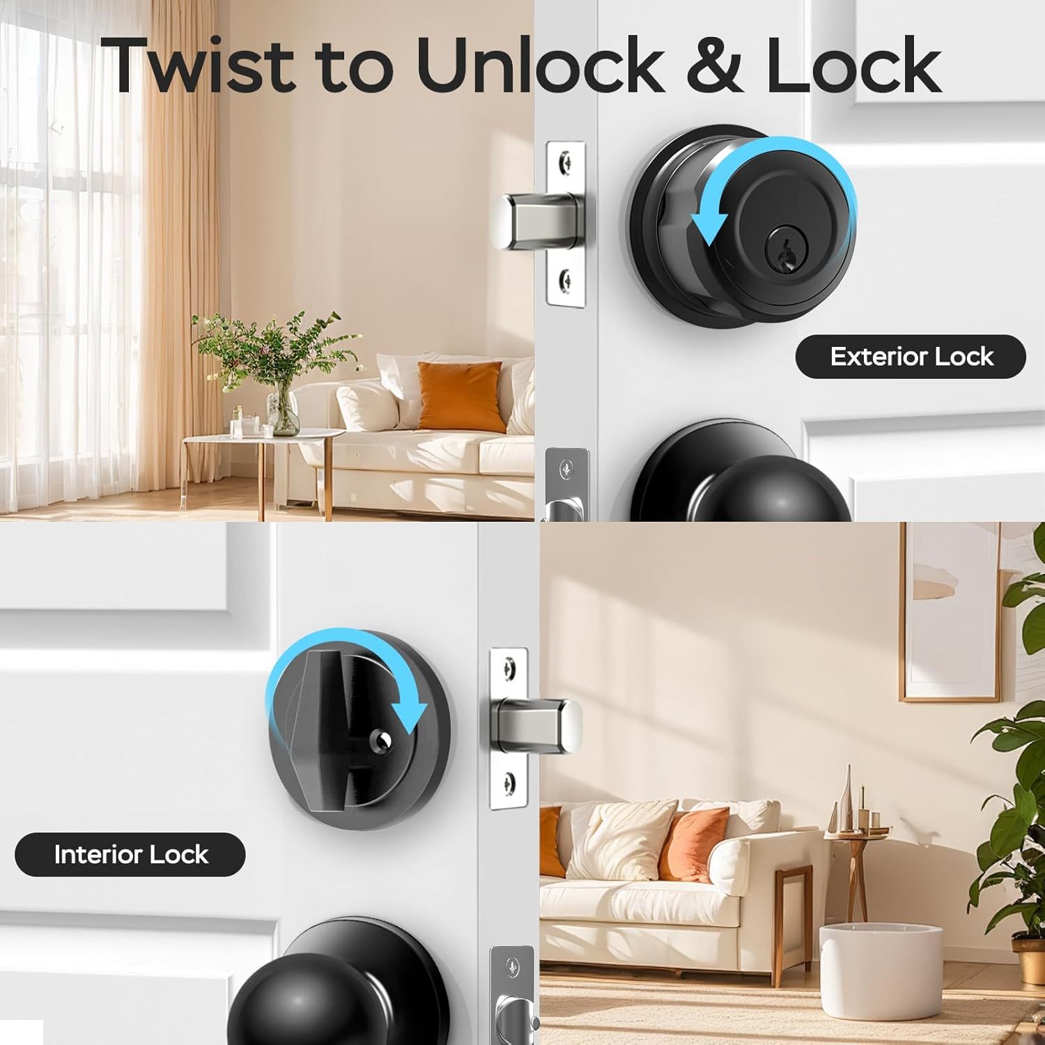 GeekTale Fingerprint Deadbolt with Passage Door Knob, Smart Access, Clean Design, Complete Entry Control, F08-B+MKB