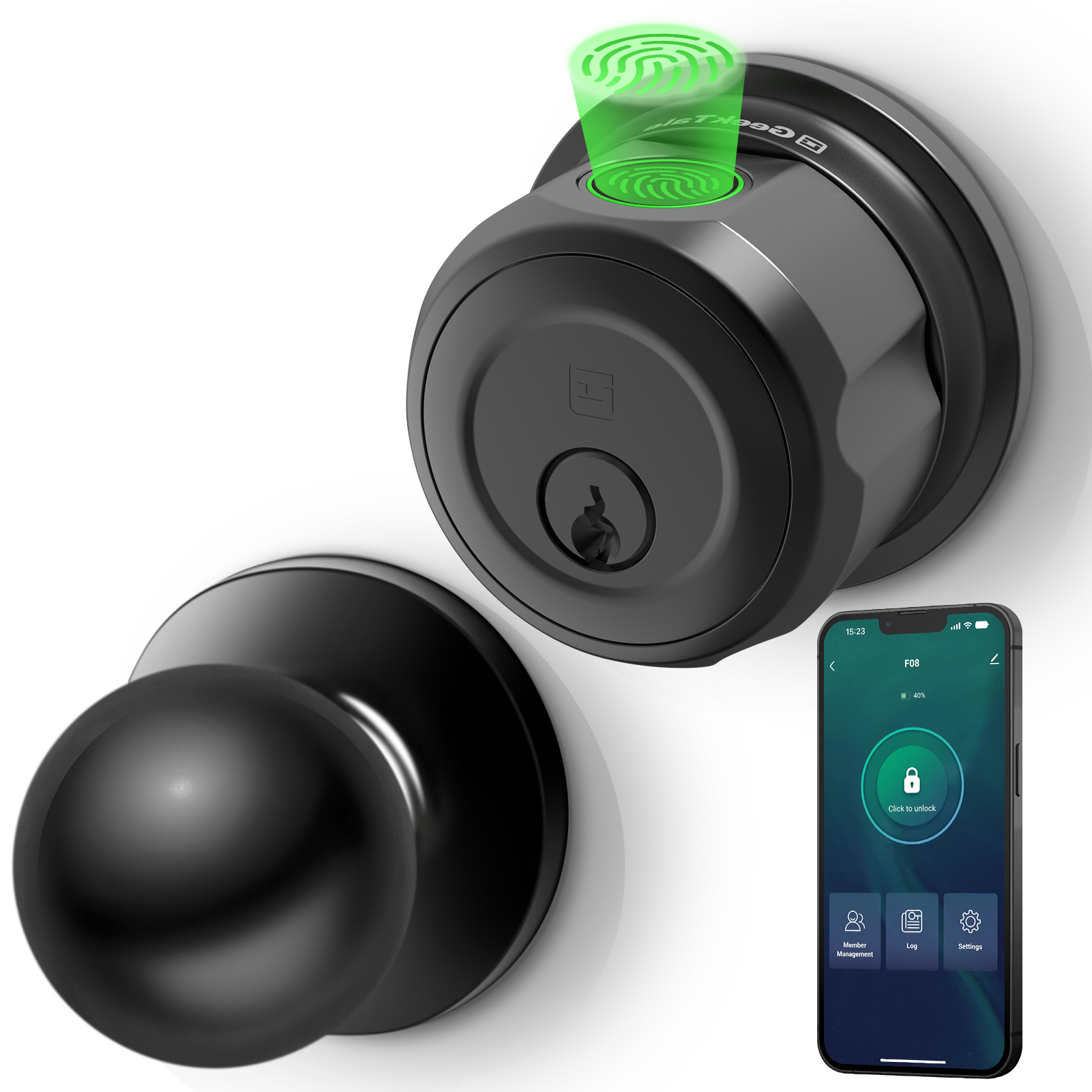 GeekTale Fingerprint Deadbolt Lock with APP, Smart Deadbolt for Front Door Fingerprint Door Knob, Smart Deadbolt Lock with App, Back-Up Key, Twist to Unlock & Lock, Black Dead Bolt, Easy Installation