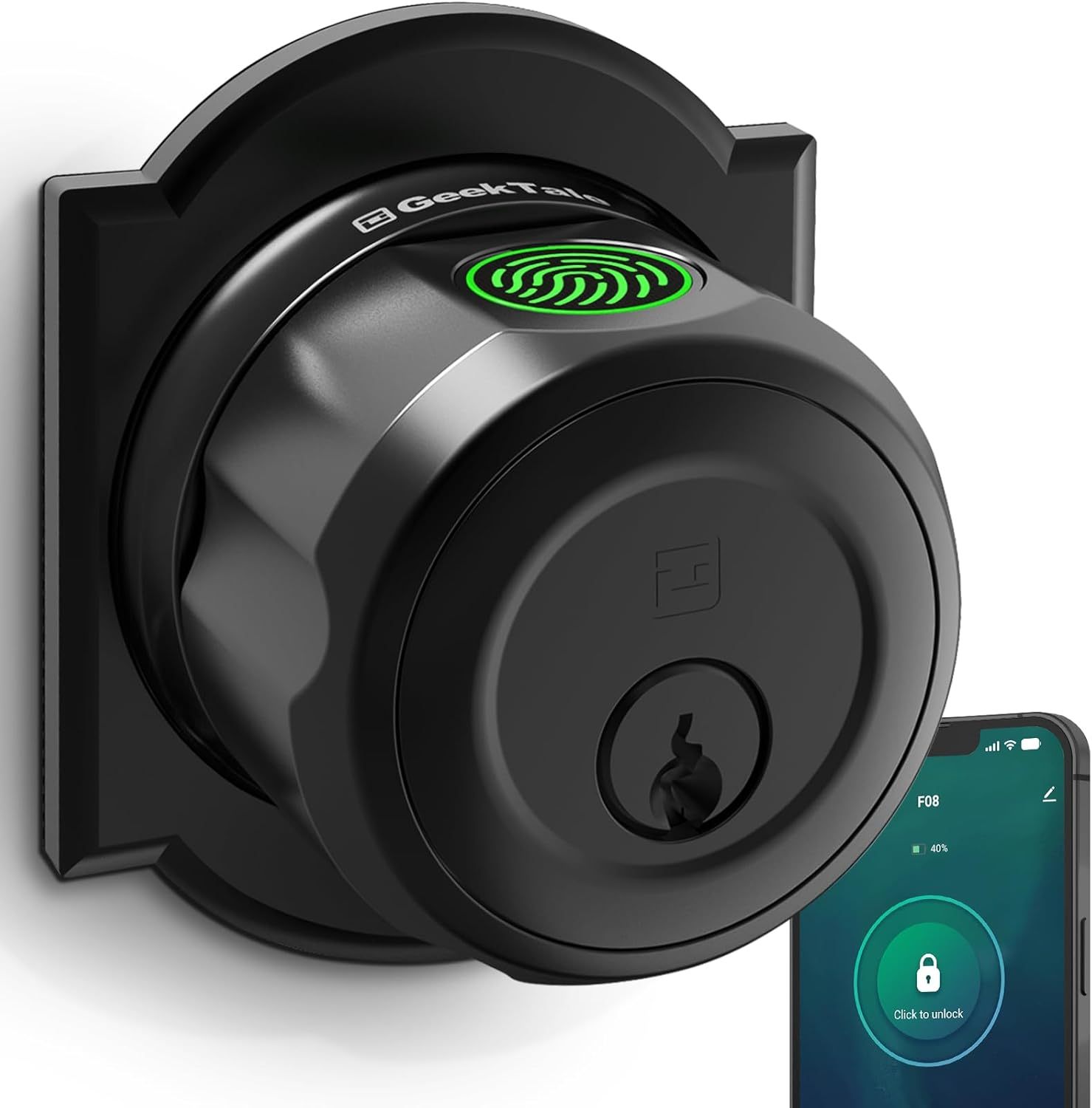 GeekTale Fingerprint Deadbolt Lock with APP, Smart Deadbolt for Front Door Fingerprint Door Knob, Smart Deadbolt Lock with App, Back-Up Key, Twist to Unlock & Lock, Black Dead Bolt, Easy Installation