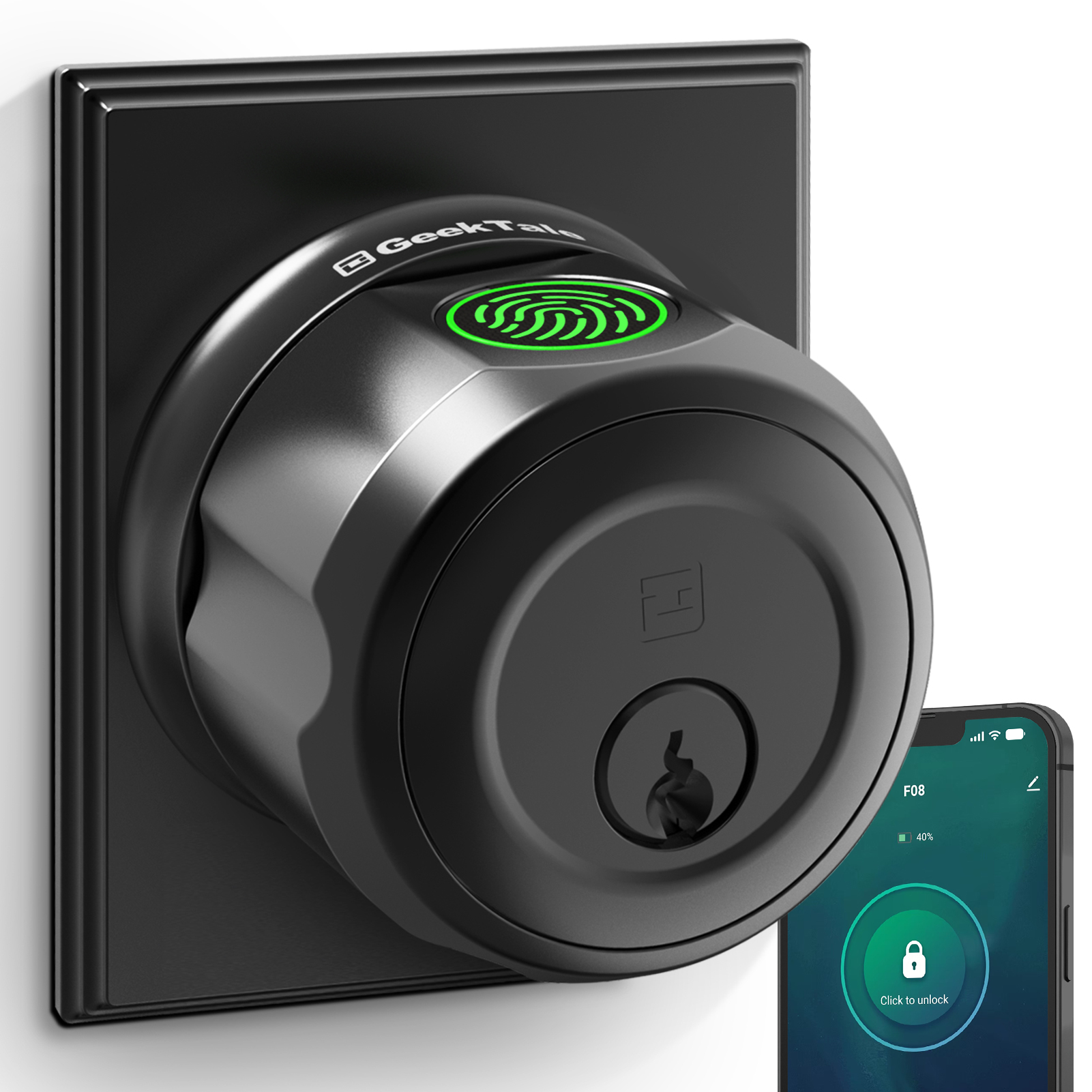 GeekTale Fingerprint Deadbolt Lock with APP, Smart Deadbolt for Front Door Fingerprint Door Knob, Smart Deadbolt Lock with App, Back-Up Key, Twist to Unlock & Lock, Black Dead Bolt, Easy Installation