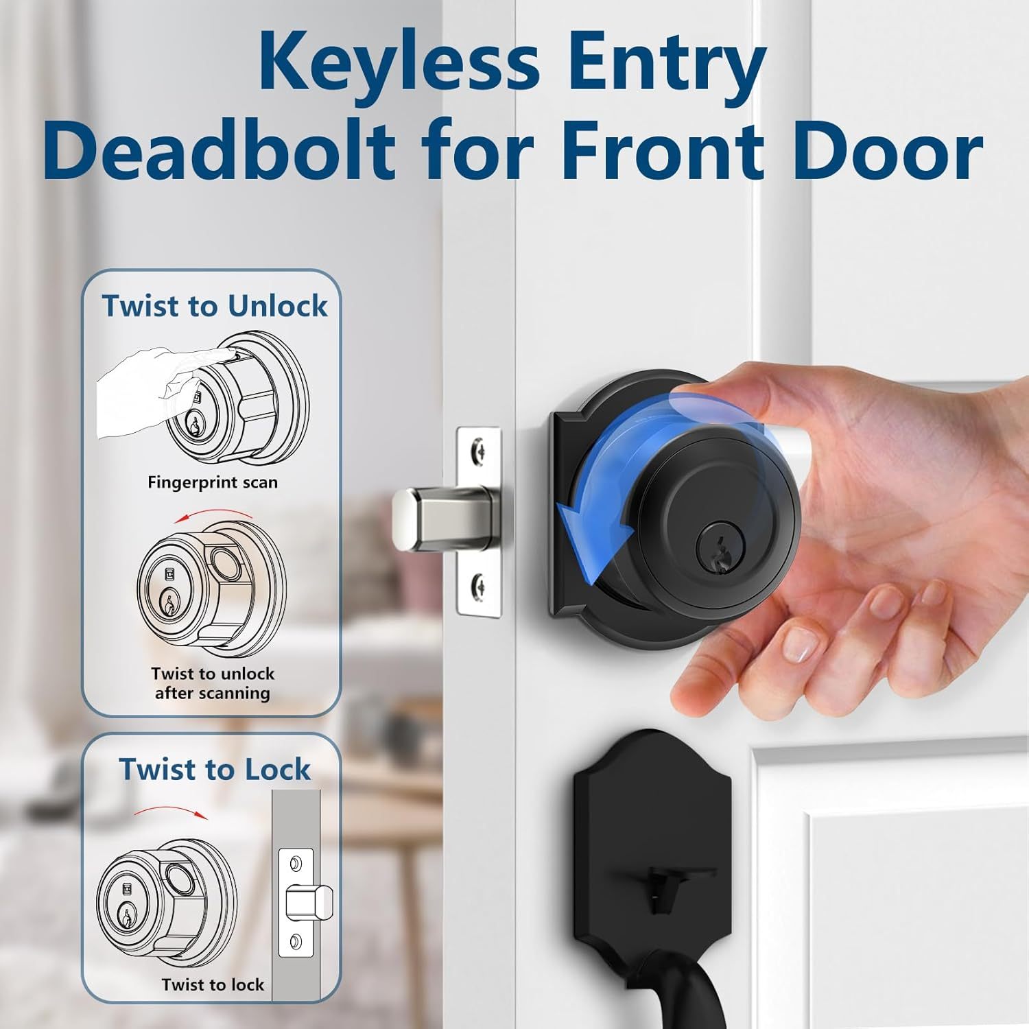 GeekTale Fingerprint Deadbolt Lock with APP, Smart Deadbolt for Front Door Fingerprint Door Knob, Smart Deadbolt Lock with App, Back-Up Key, Twist to Unlock & Lock, Black Dead Bolt, Easy Installation