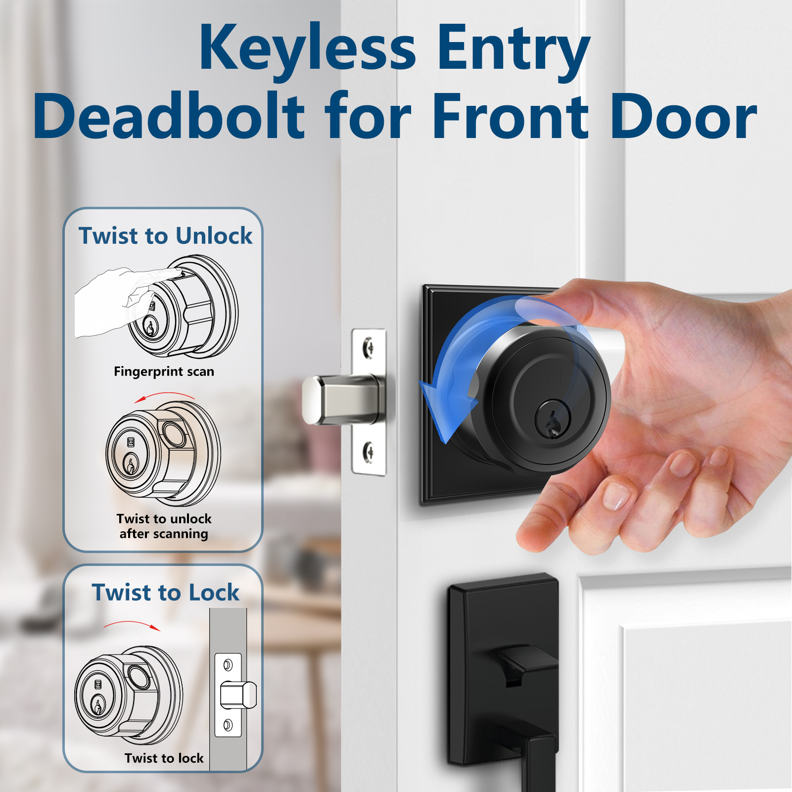 GeekTale Fingerprint Deadbolt Lock with APP, Smart Deadbolt for Front Door Fingerprint Door Knob, Smart Deadbolt Lock with App, Back-Up Key, Twist to Unlock & Lock, Black Dead Bolt, Easy Installation